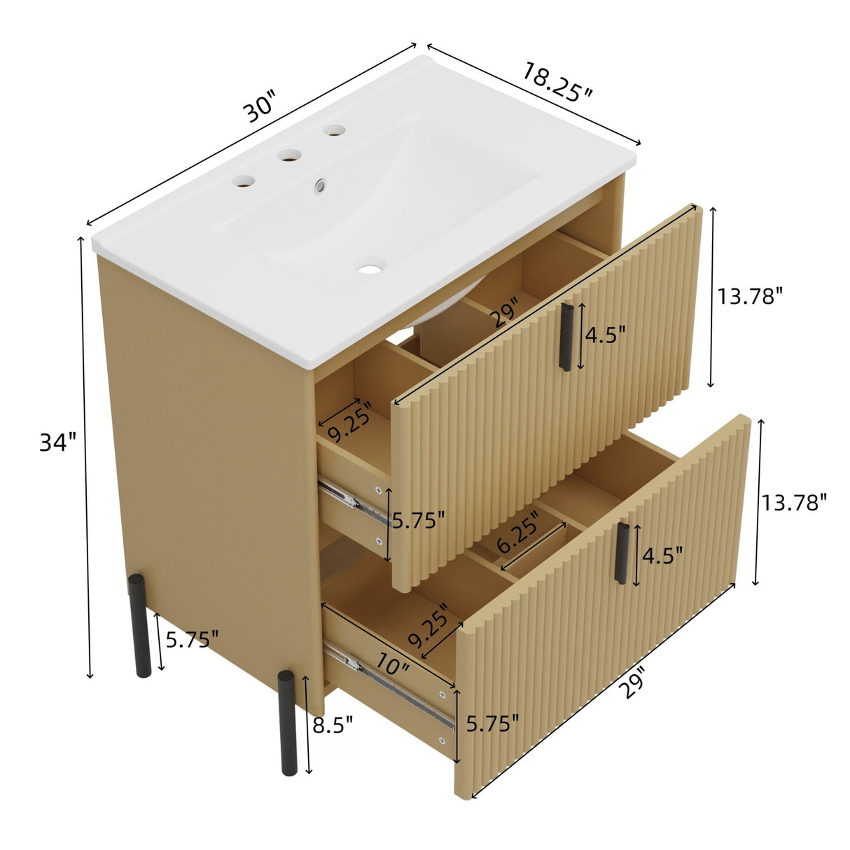 Fluted Bathroom Vanity With Ceramic Sink, Freestanding Design
