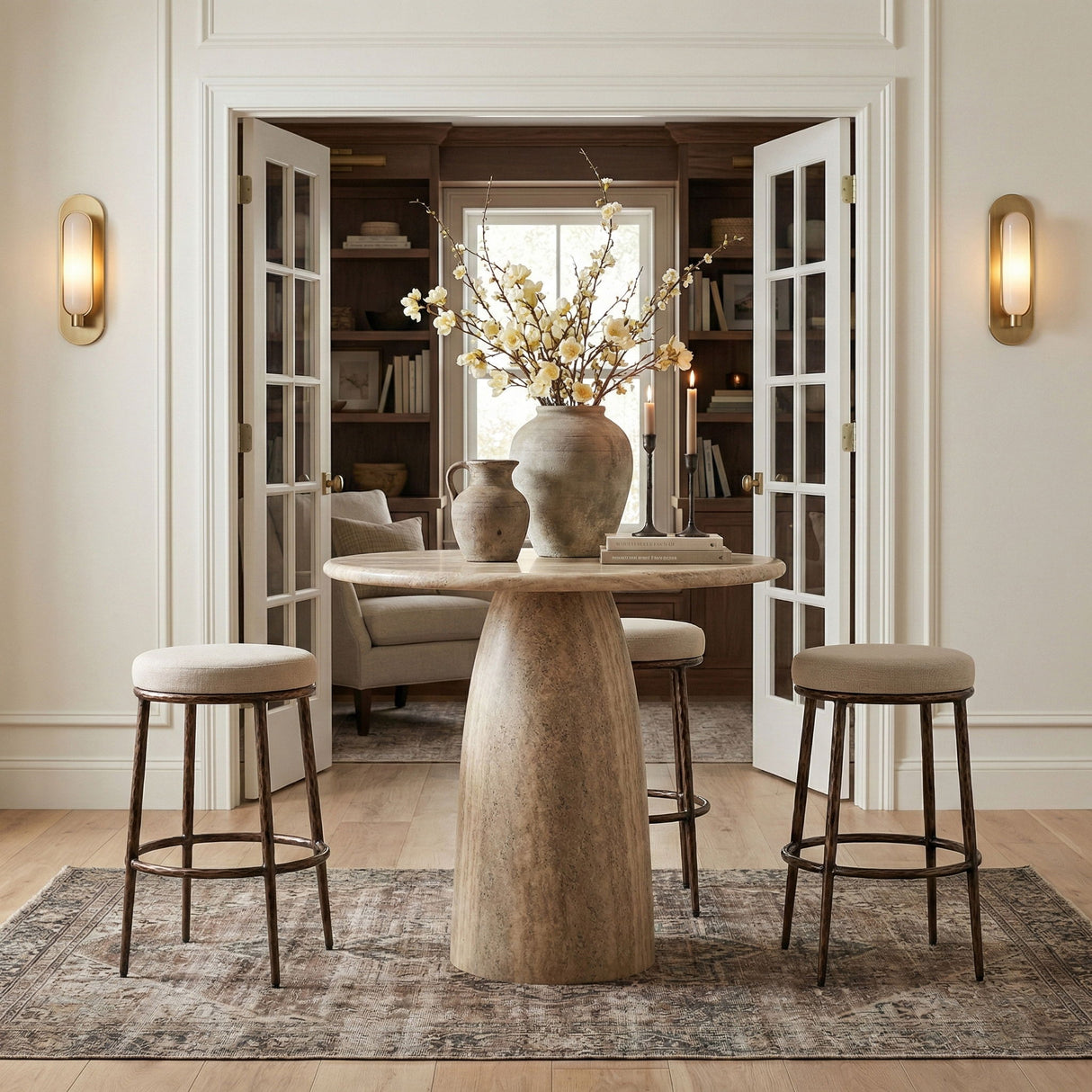 Ferro - Performance Fabric Upholstered Backless Bar Stool - Cream / Antique Bronze