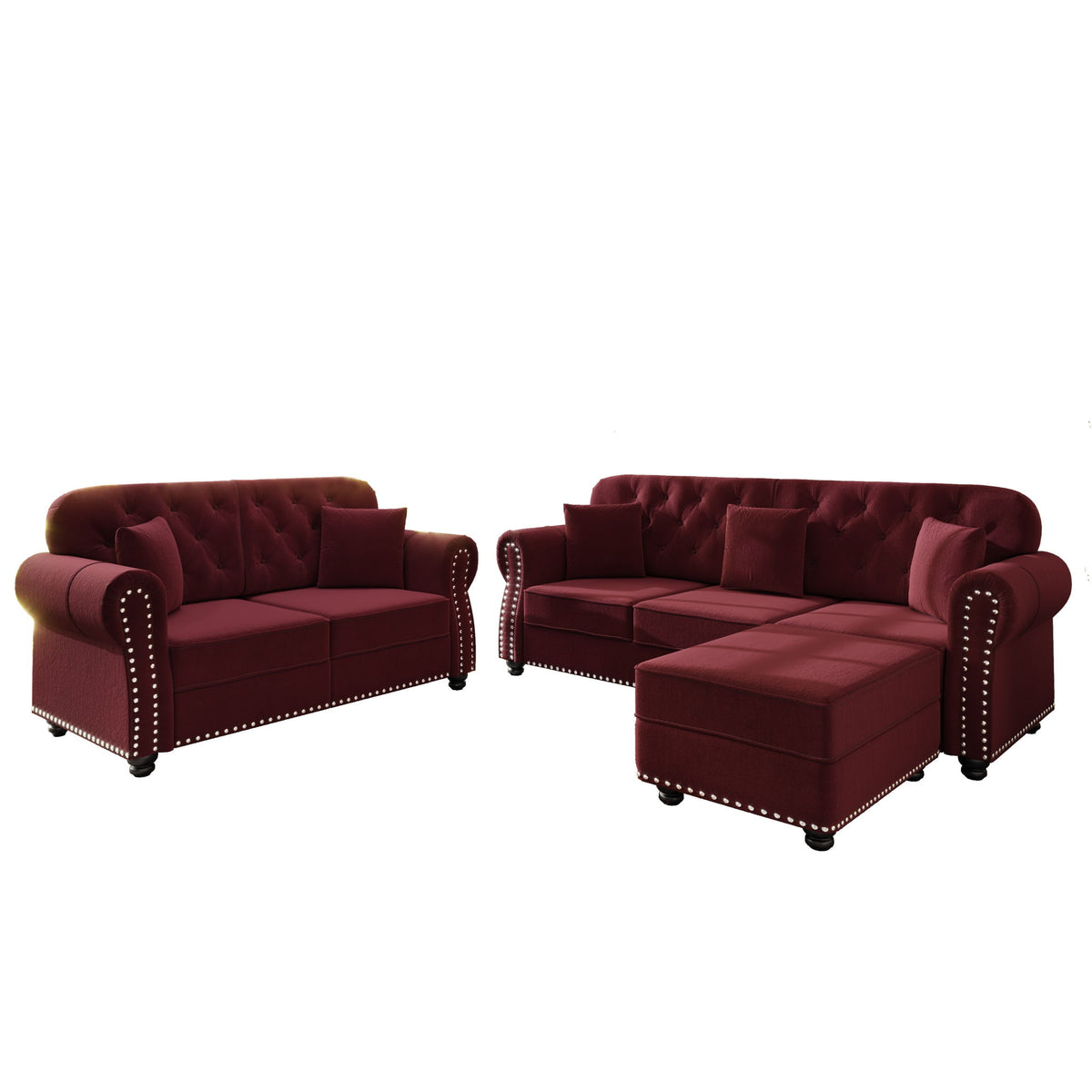 Upholstered Sofa Set With Nailhead Trim And Rolled Armrests, Includes Pillows
