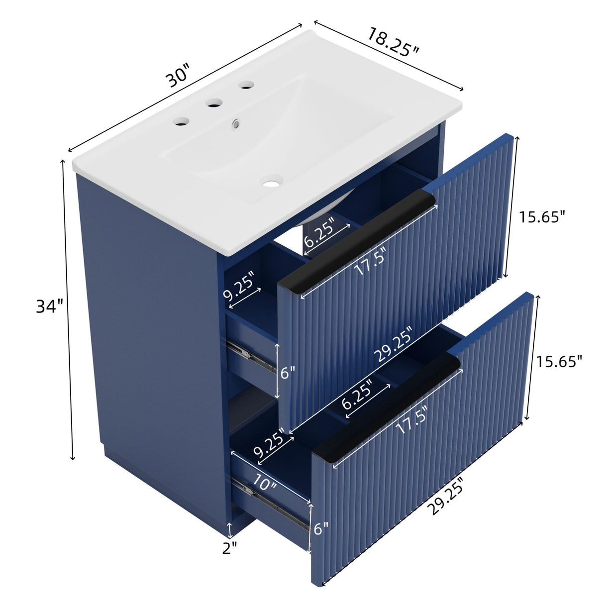 Fluted Bathroom Vanity With Ceramic Sink, Freestanding Cabinet