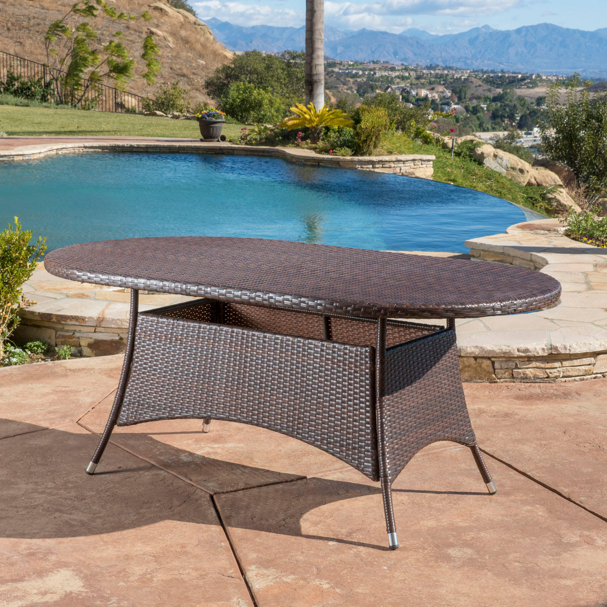 Outdoor Oval Dining Table With Silver Tipped Legs - Brown Multi