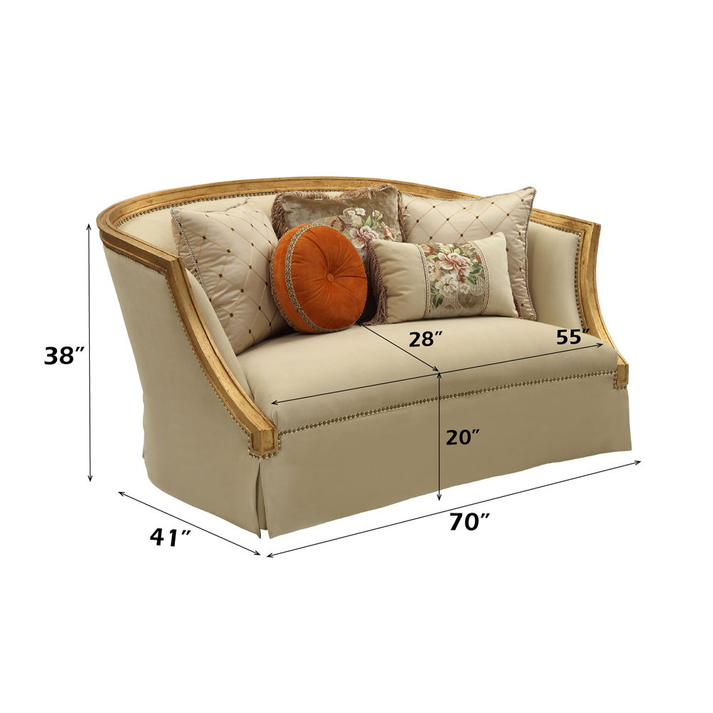 Daesha - Loveseat With 5 Pillows - Tan Flannel & Antique Gold
