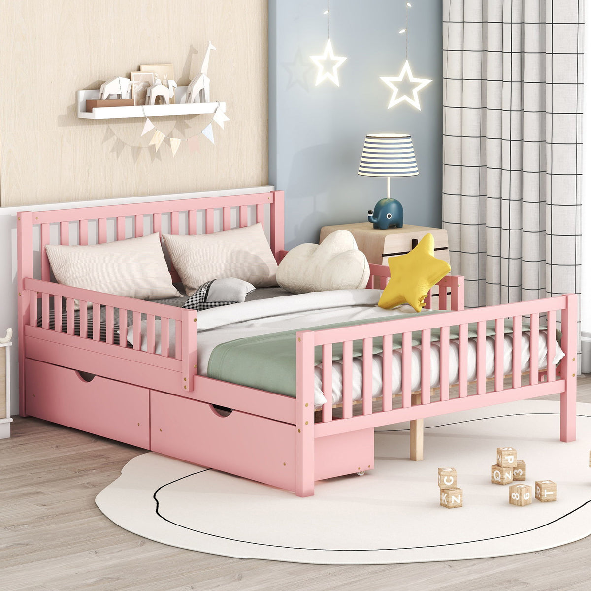 Platform Bed With Guardrails On Both Sides And 2 Storage Drawers
