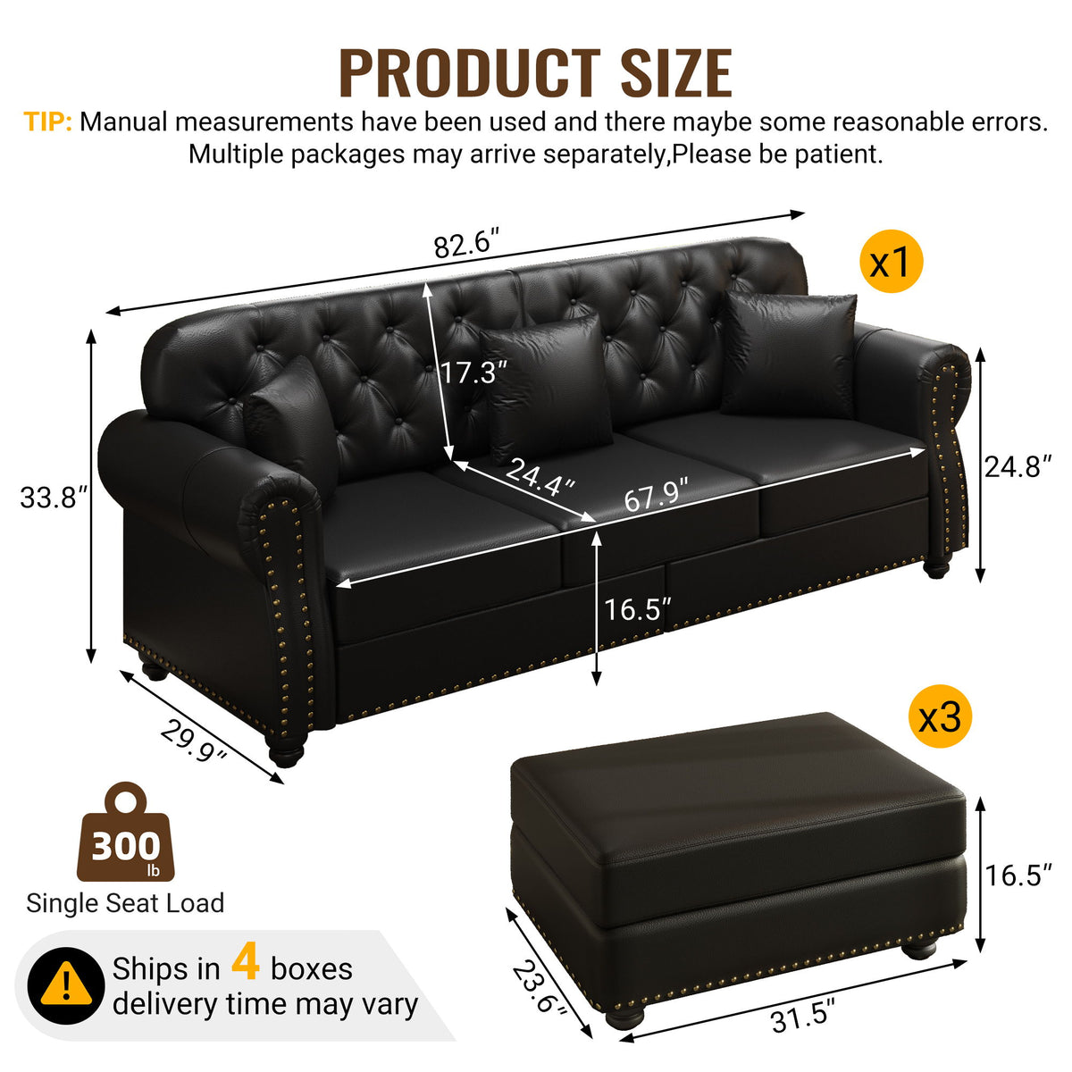 Upholstered Sofa With Nailhead Trim, Rolled Armrests With Ottoman