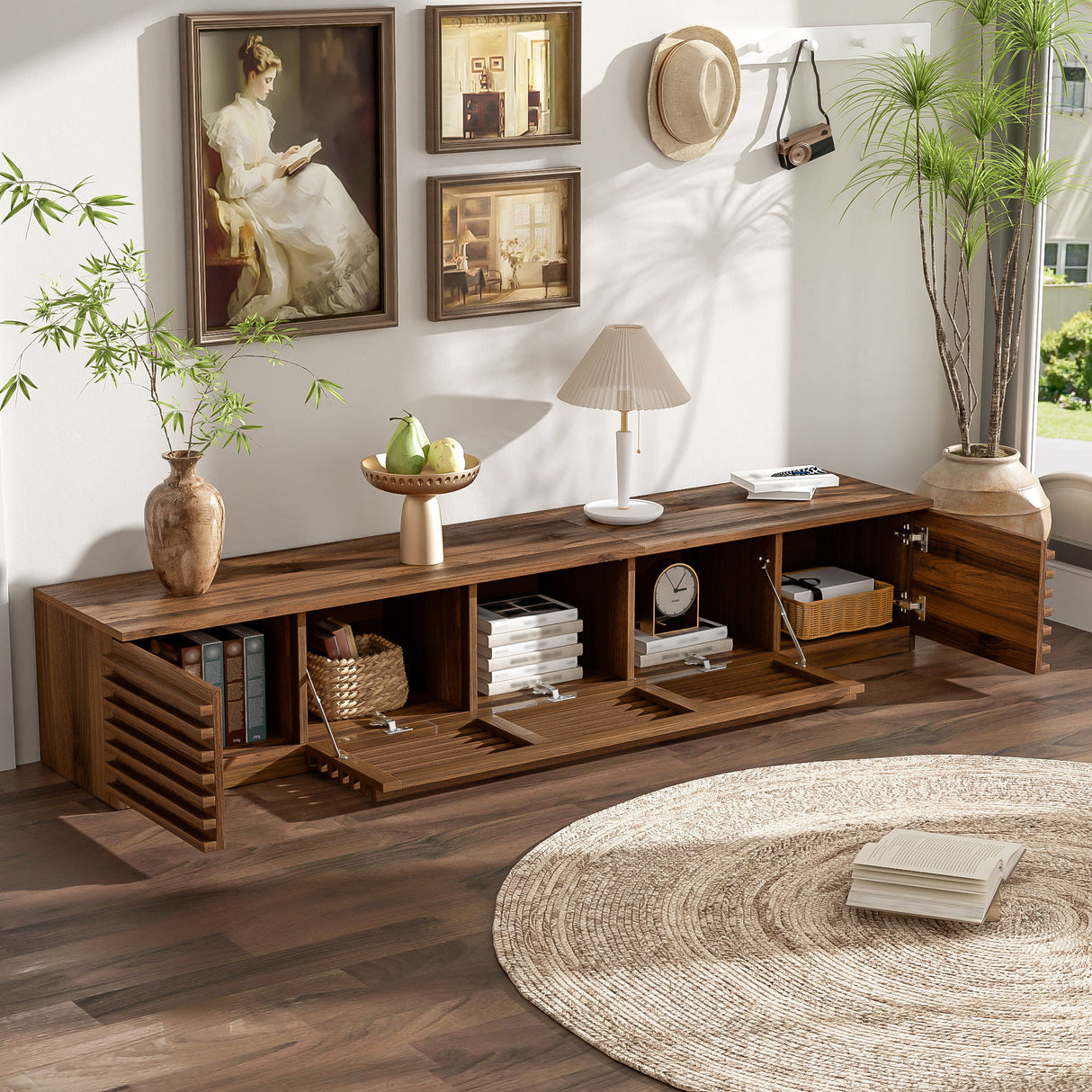 TV Stand For TVs, Entertainment Center With Cable Management And Soft Closing Hinges - Walnut