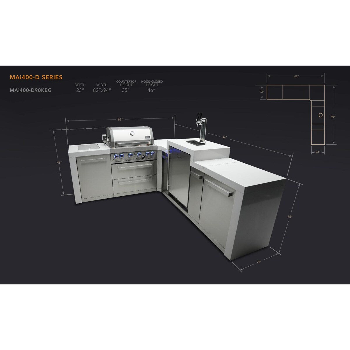 Mont Alpi Deluxe Series 7 Ft L-Shaped Propane Outdoor Kitchen Island w/ Side Burner & Kegerator - MAi400-D90KEG