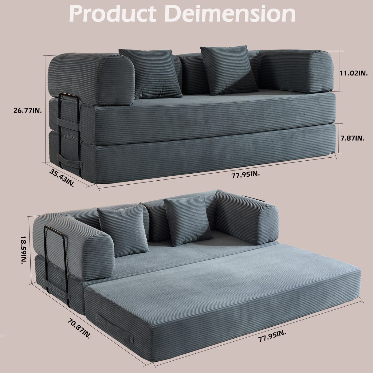 Convertible Sleeper Sofa Bed With Cylindrical Pillow, With Fixed Shape Frame