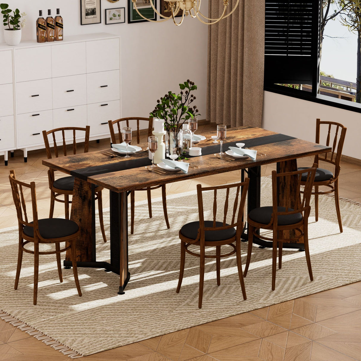 Rustic Rectangular Large Dining Table, Waterproof Desk For 8 People, & Steel With Adjustable Legs - Black / Rustic Brown
