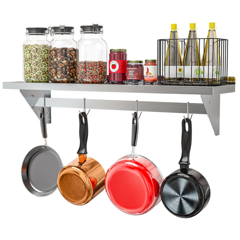 12" x 48" 18-Gauge Stainless-Steel Heavy Duty Wall Shelf with Pot Rack, WMPS-1248 .