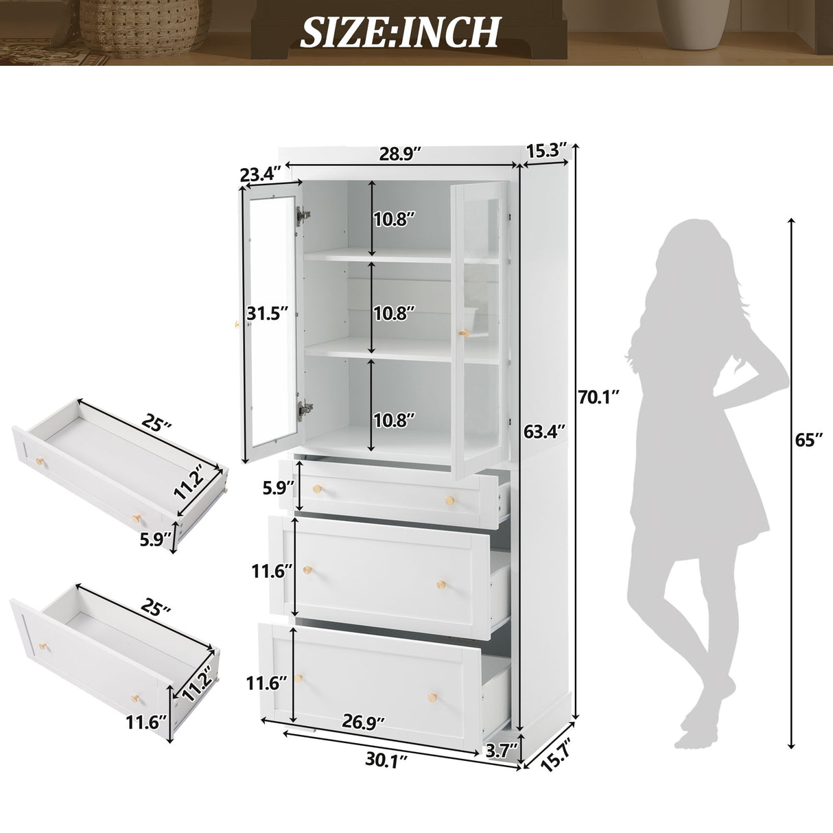 Freestanding Tall Bathroom Cabinet With Adjustable Shelves, Drawers, Soft Close Glass Doors