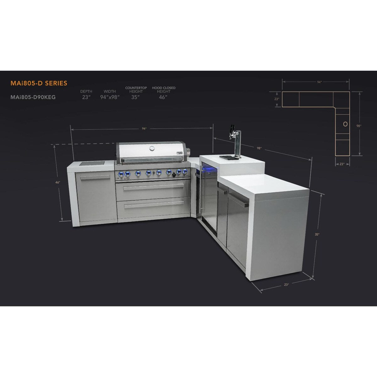 Mont Alpi Deluxe Series 8 Ft L-Shaped Propane Outdoor Kitchen Island w/ Side Burner & Kegerator - MAi805-D90KEG