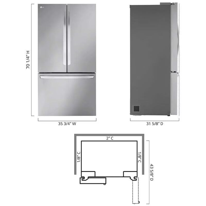 LG LRFLC2706S 36 in. 26.5 cu. ft. Smart Counter Depth French Door Refrigerator with Internal Water Dispenser - Stainless Steel