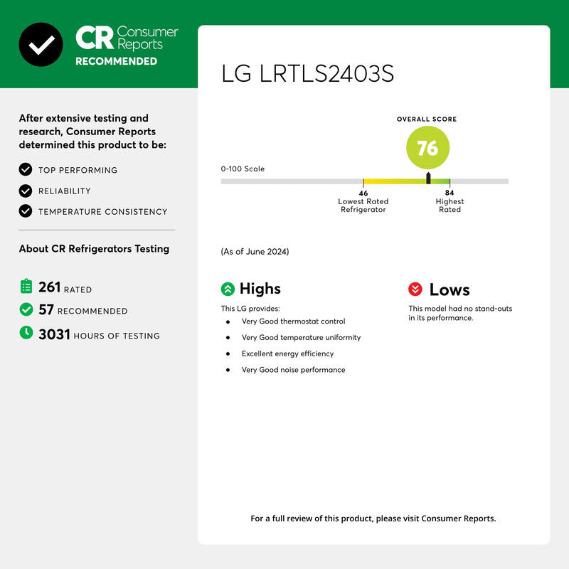 LG LRTLS2403S 33 in. 23.8 cu. ft. Top Freezer Refrigerator with Internal Water Dispenser - Stainless Steel
