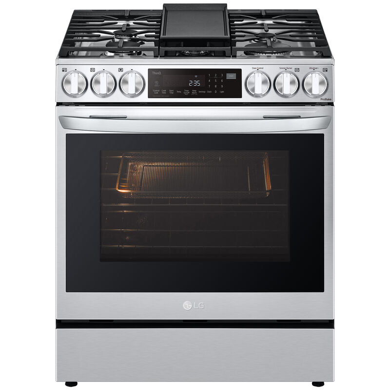 LG LSDL6336F InstaView 30 in. 6.3 cu. ft. Smart Air Fry True European Convection Slide-In Dual Fuel Range with 5 Sealed Burners & Griddle - PrintProof Stainless Steel