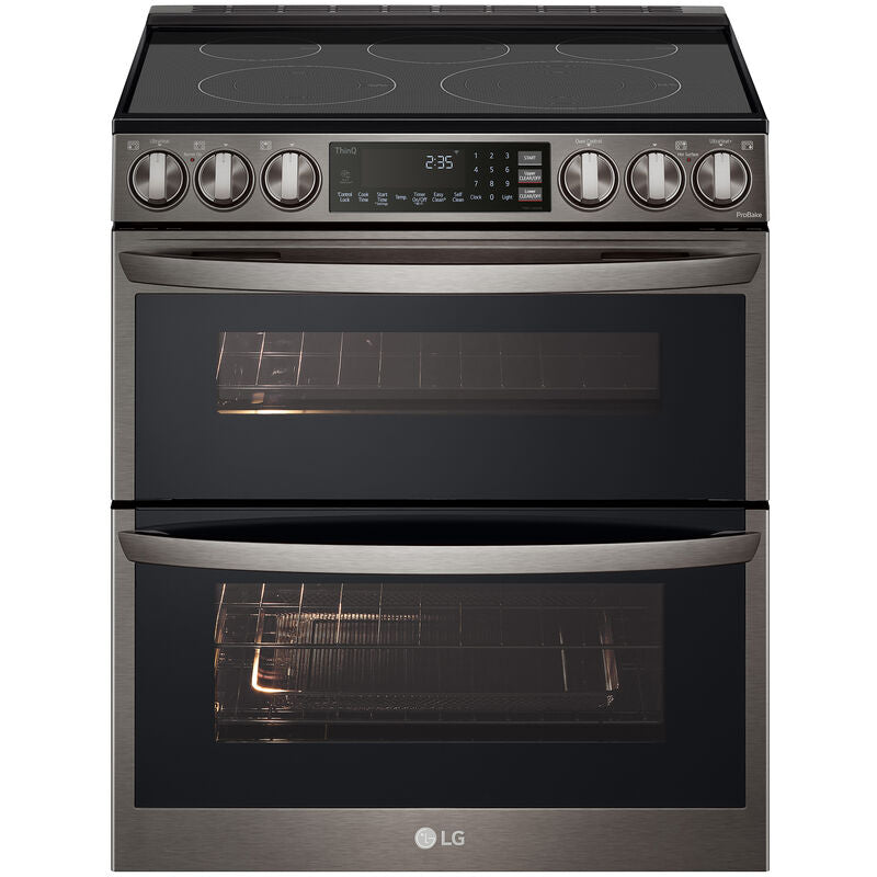 LG LTEL7337D InstaView 30 in. 7.3 cu. ft. Smart Air Fry True European Convection Double Oven Slide-In Electric Range with Smoothtop Burners - PrintProof Black Stainless Steel
