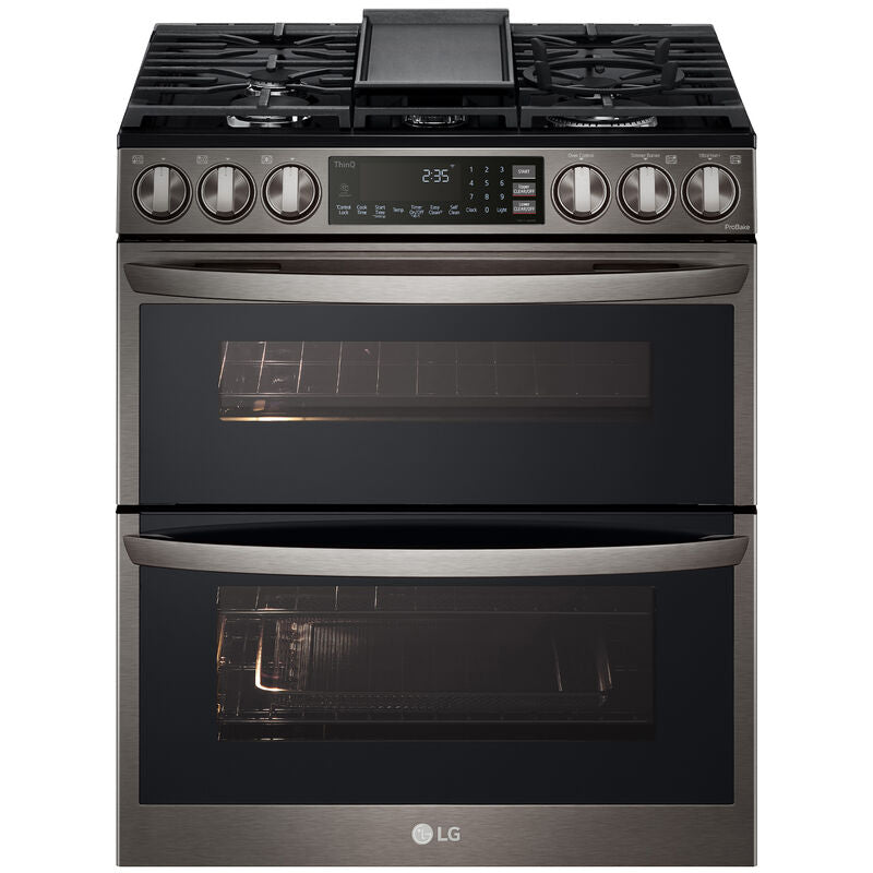 LG LTGL6937D InstaView 30 in. 6.9 cu. ft. Smart Air Fry True European Convection Double Oven Slide-In Gas Range with 5 Sealed Burners & Griddle - PrintProof Black Stainless Steel