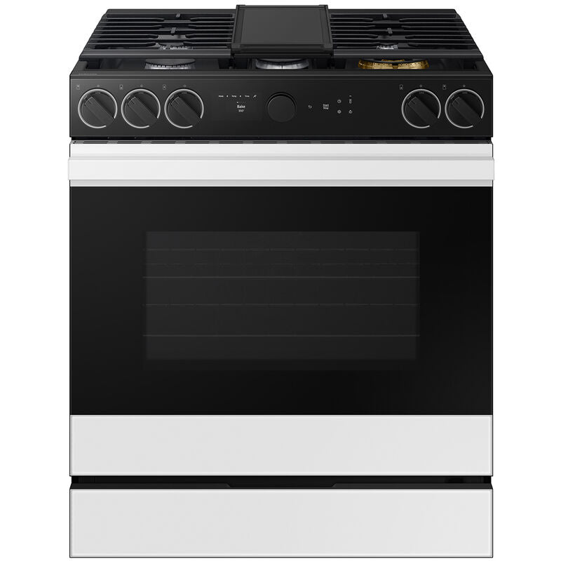 Samsung NSG6DB870012 Bespoke 30 in. 6 cu. ft. Smart Air Fry True European Convection Slide-In Gas Range with 5 Sealed Burners & Griddle - White Glass