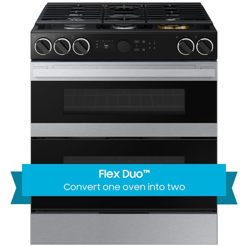 Samsung NSG6DG8550SR Bespoke 30 in. 6 cu. ft. Smart Air Fry True European Convection Double Oven Slide-In Gas Range with 5 Sealed Burners & Griddle - Stainless Steel