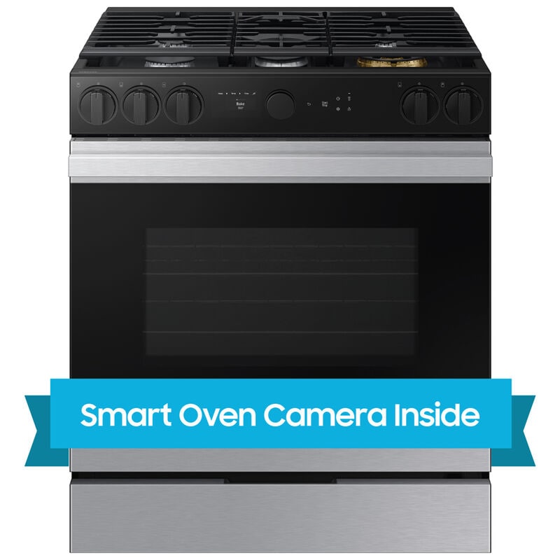 Samsung NSG6DG8700SR Bespoke 30 in. 6 cu. ft. Smart Air Fry True European Convection Slide-In Gas Range 5 Sealed Burners & Griddle - Stainless Steel