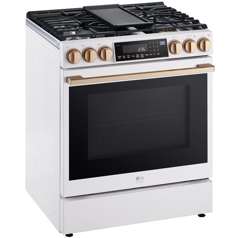LG LSGS6338N Studio 30 in. 6.3 cu. ft. Smart Air Fry True European Convection Slide-In Gas Range with 5 Sealed Burners & Griddle - Essence White