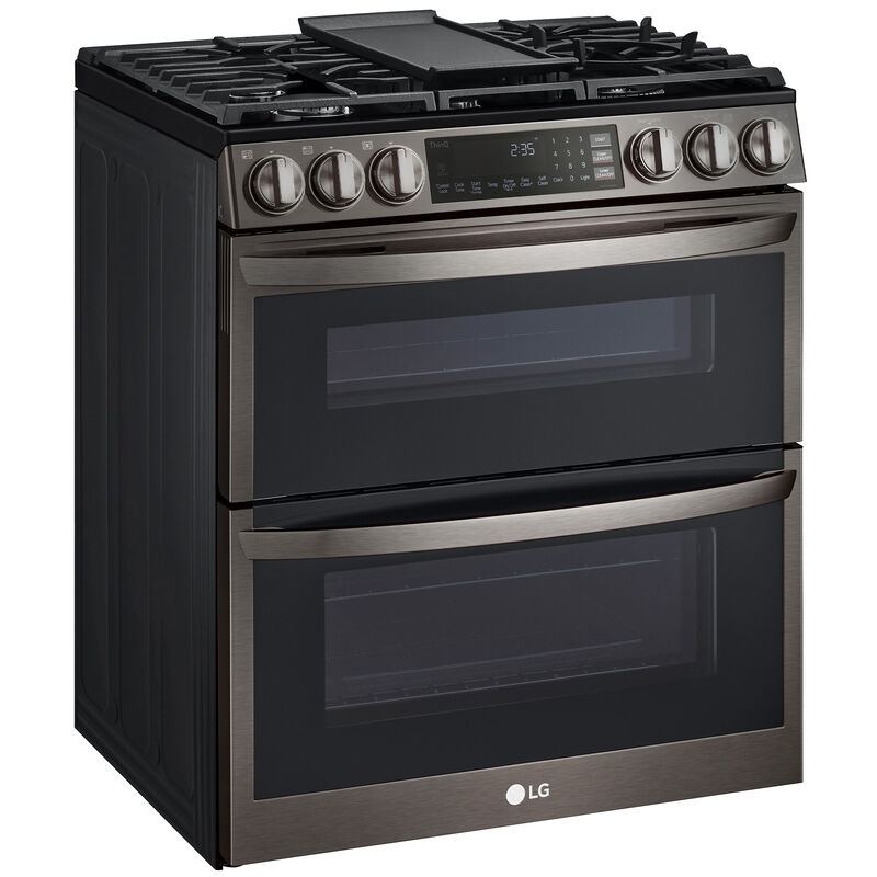 LG LTGL6937D InstaView 30 in. 6.9 cu. ft. Smart Air Fry True European Convection Double Oven Slide-In Gas Range with 5 Sealed Burners & Griddle - PrintProof Black Stainless Steel