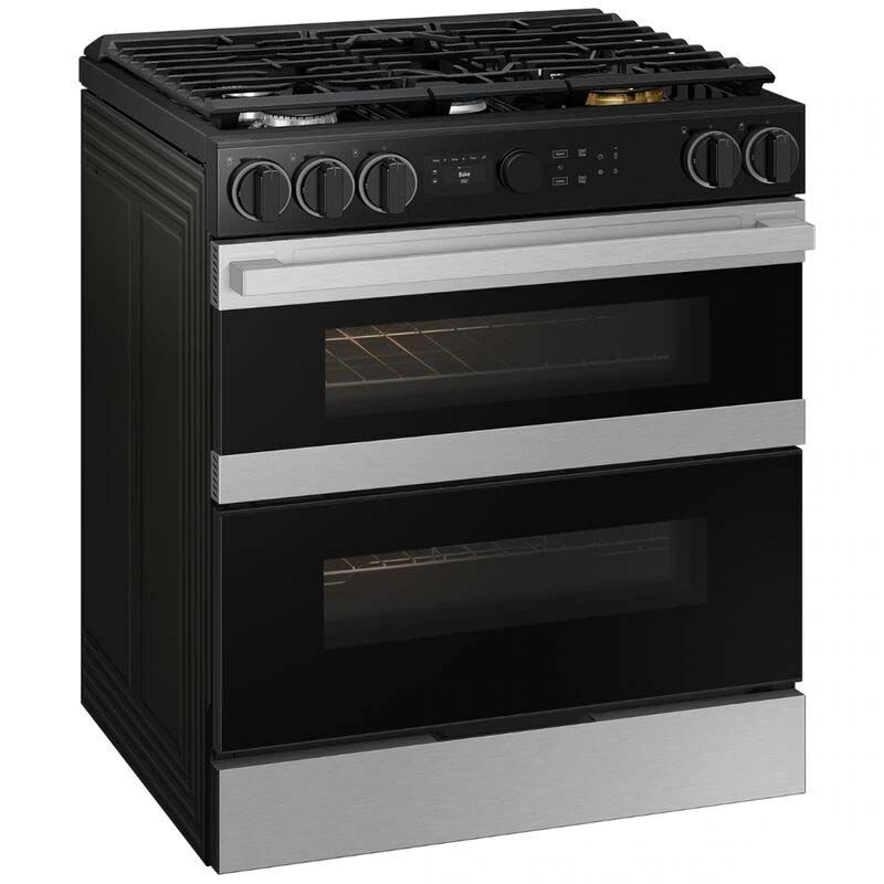 Samsung NSG6DG8550SR Bespoke 30 in. 6 cu. ft. Smart Air Fry True European Convection Double Oven Slide-In Gas Range with 5 Sealed Burners & Griddle - Stainless Steel
