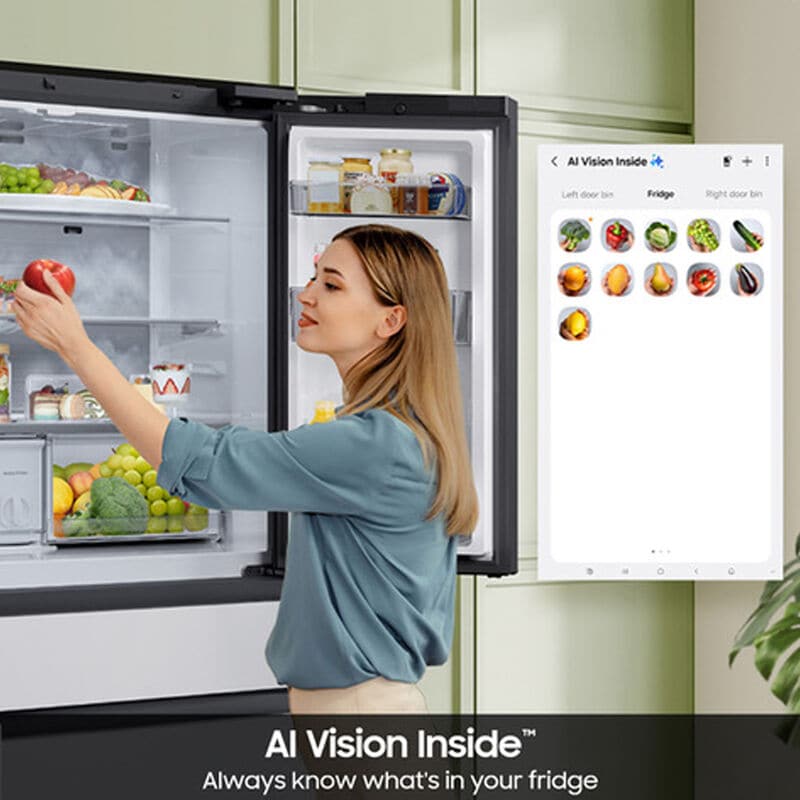 Samsung RF90F23EECRAA Bespoke 36 in. 22.5 cu. ft. Smart Counter Depth 4-Door French Door Refrigerator with AI Family Hub+, Beverage Center & Internal Water Autofill Pitcher - Charcoal Glass & Stainless Steel