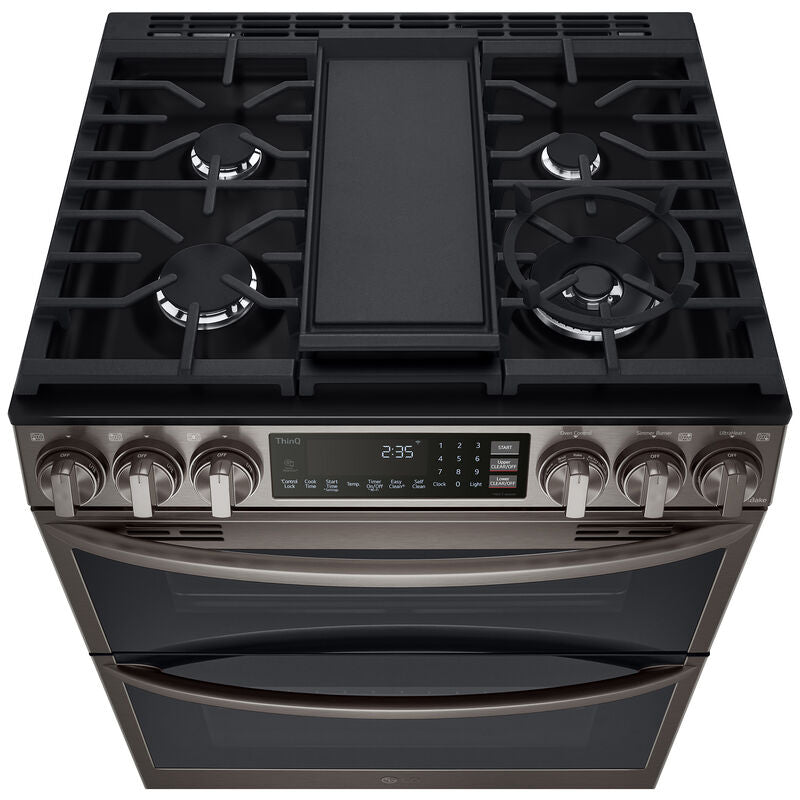 LG LTGL6937D InstaView 30 in. 6.9 cu. ft. Smart Air Fry True European Convection Double Oven Slide-In Gas Range with 5 Sealed Burners & Griddle - PrintProof Black Stainless Steel