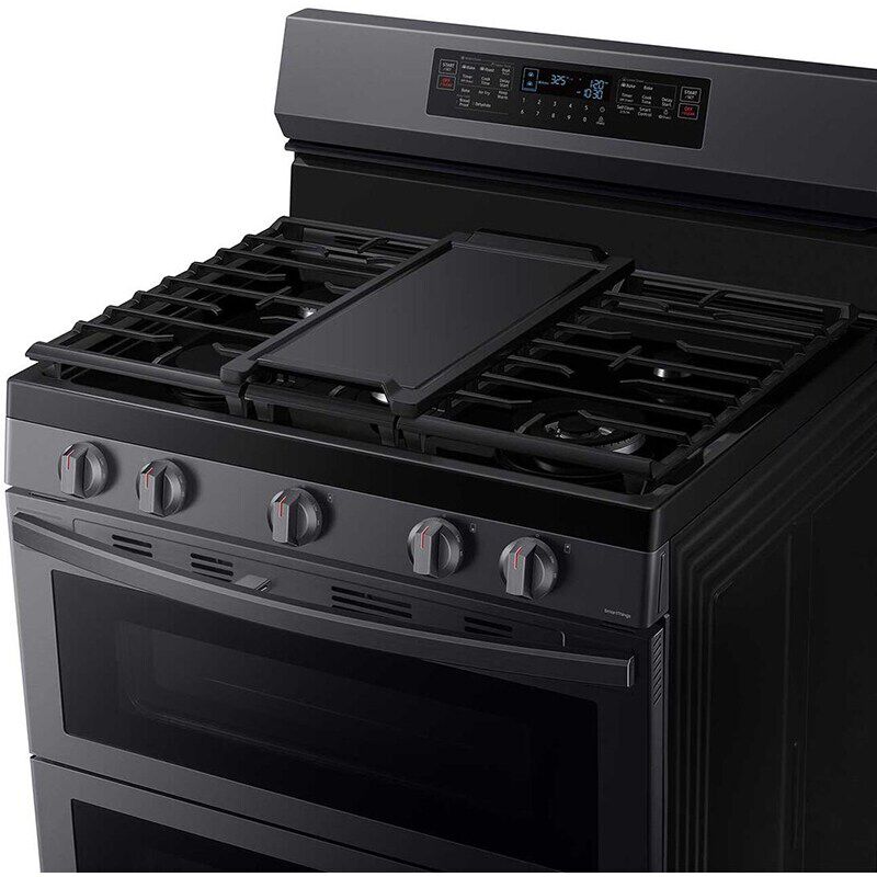 Samsung 30 in. 6 cu. ft. Smart Air Fry True European Convection Double Oven Gas Range with 5 Sealed Burners & Griddle - Black Stainless