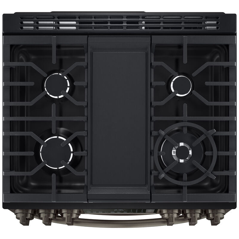 LG LTGL6937D InstaView 30 in. 6.9 cu. ft. Smart Air Fry True European Convection Double Oven Slide-In Gas Range with 5 Sealed Burners & Griddle - PrintProof Black Stainless Steel
