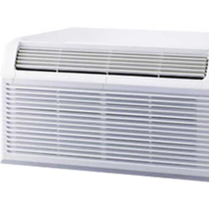 Close-up view of Bevoi 9,000 BTU PTAC air conditioner with heat pump in white