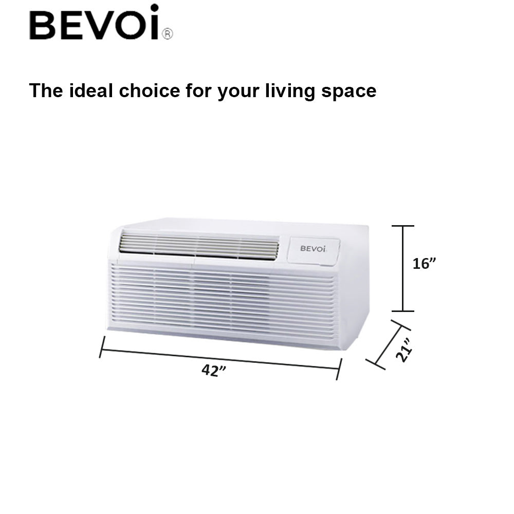 Angled view with product dimensions of Bevoi 9,000 BTU PTAC air conditioner with heat pump in white