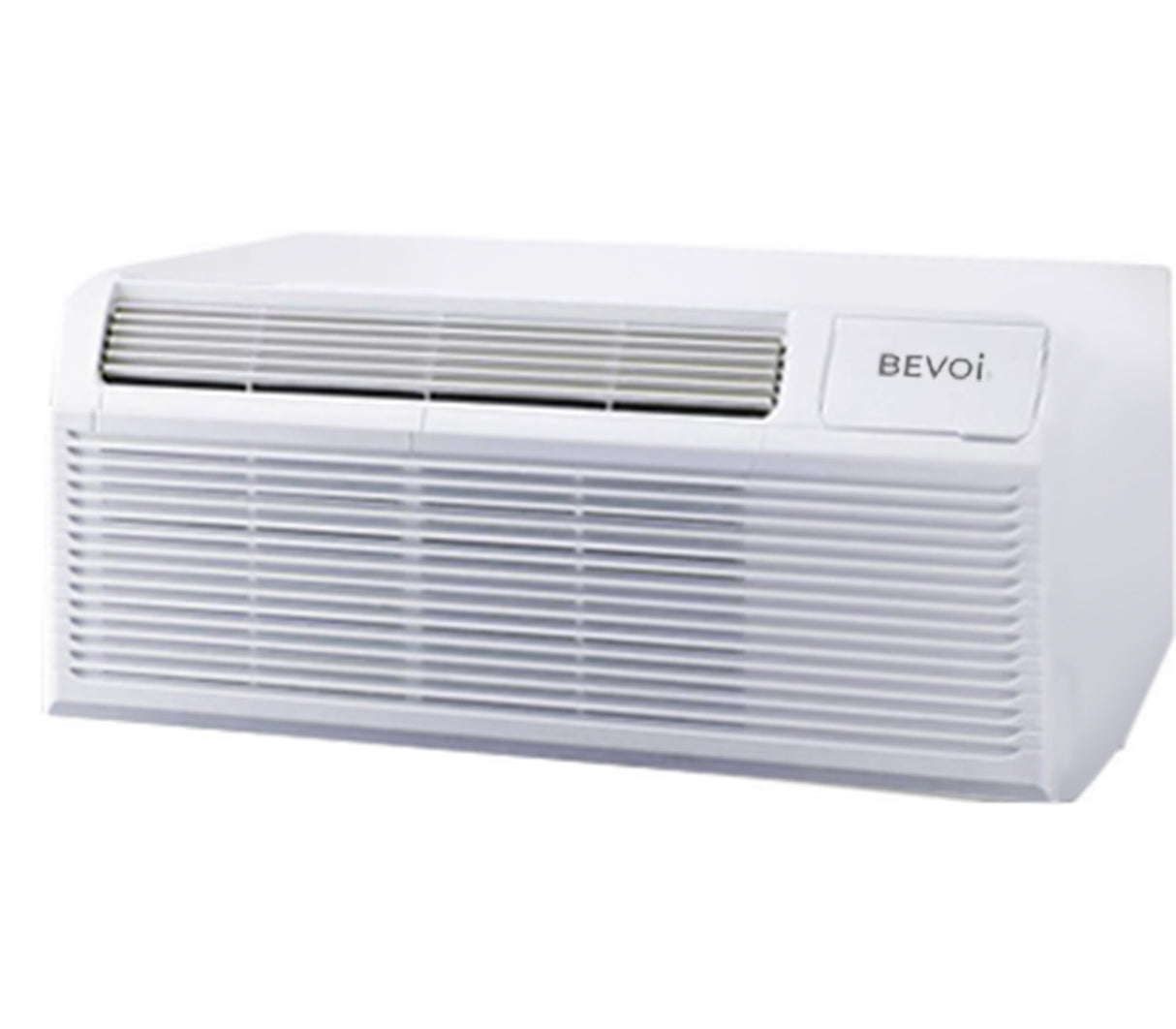 Angled view of Bevoi PTAC air conditioner showing compact design and vent details, right side.