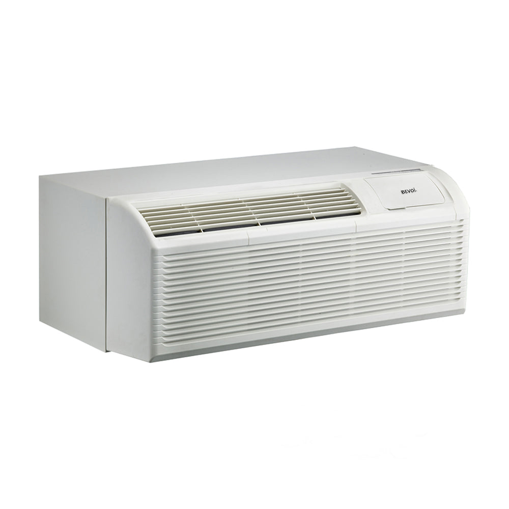 Angled view (left side) of BEVOI 15,000 BTU PTAC Air Conditioner with Heat Pump – 220V in White
