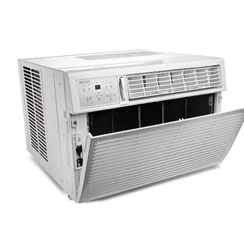 Bevoi BEV18WiNMiD 18,000 BTU window air conditioner top angled view with LED display and open vent grille