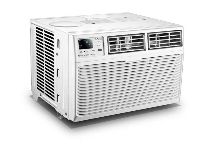 Left side angled viewof Bevoi BEV25WiNCC 230V window AC showing adjustable vents and compact design