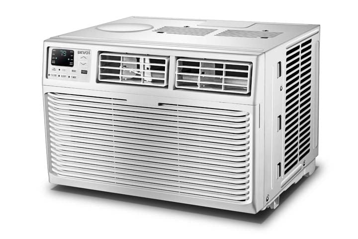 Top Angled view of Bevoi BEV25WiNCC 230V window AC – vents, control display, and right side profile
