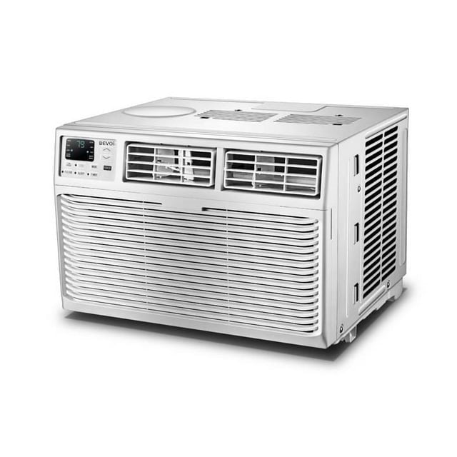 Top right side angled view of Bevoi BEV25WiNHF window AC with digital controls and air vents