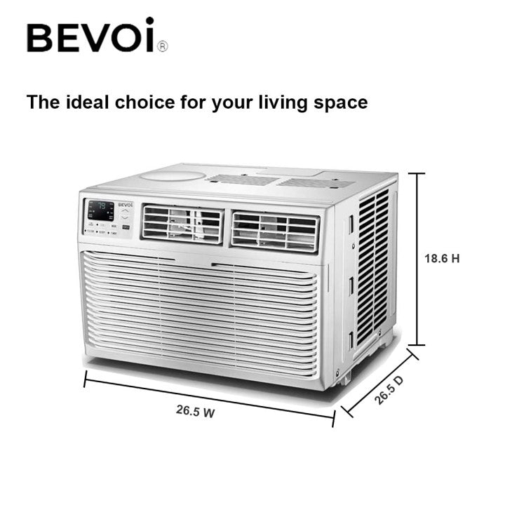 Top side angled view of Bevoi BEV25WINHF window AC with digital controls and air vents, with product dimensions
