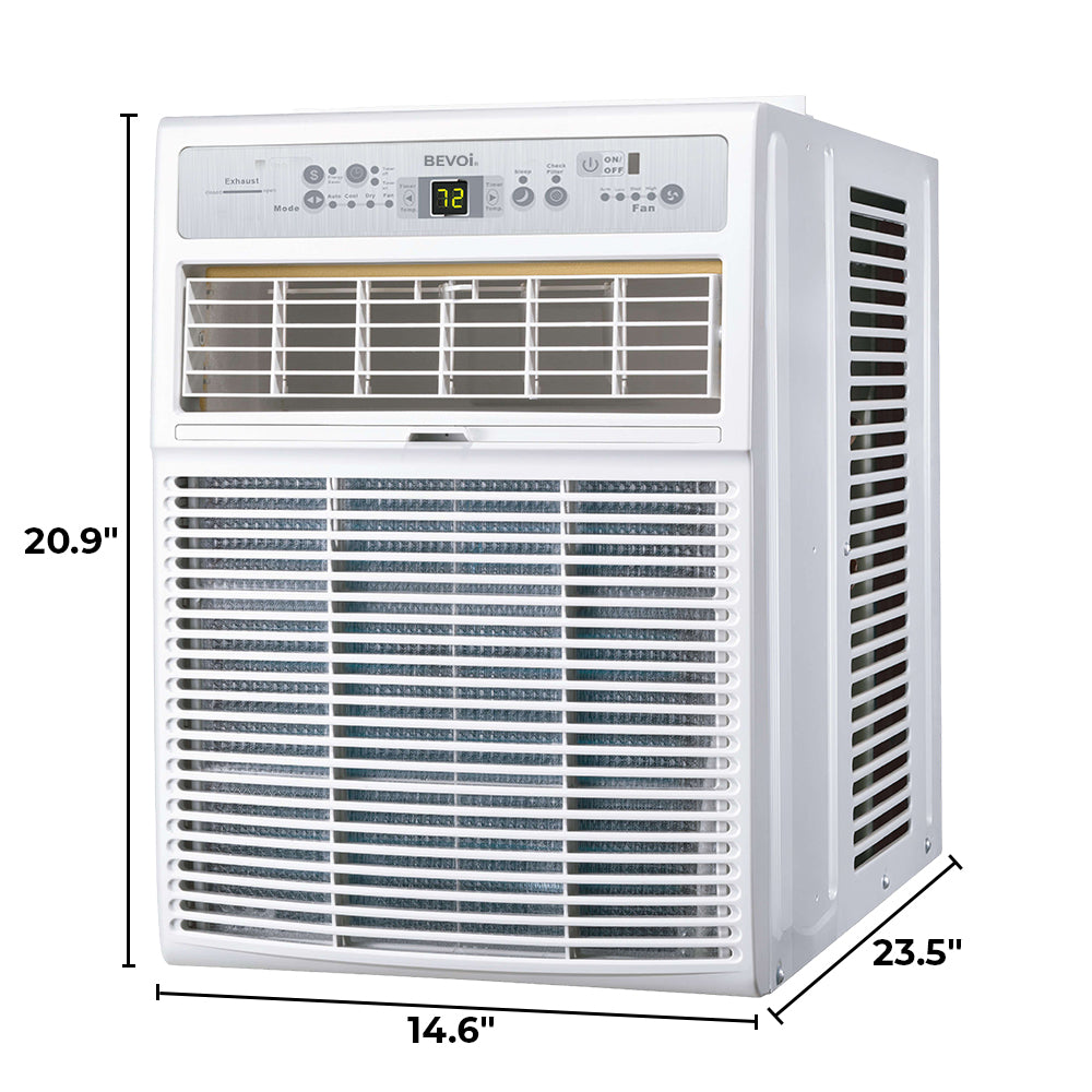 Bevoi 10,000 BTU Casement Window Air Conditioner right side angled view with product dimensions