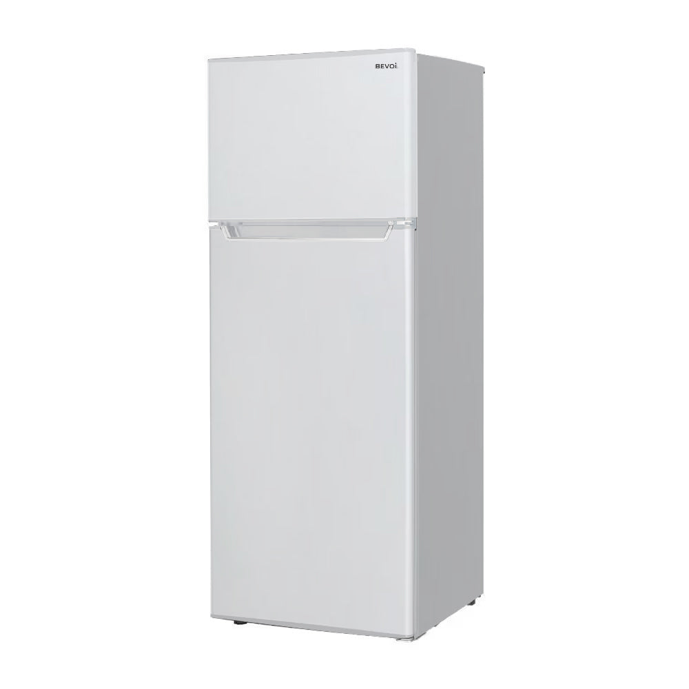 Bevoi BVIREF7W stainless steel top freezer refrigerator – right side angled front perspective