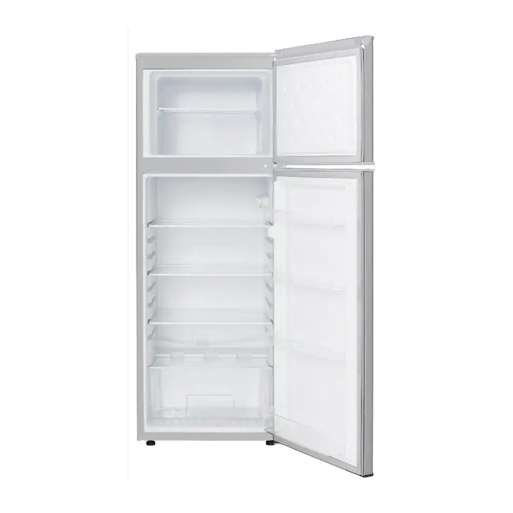 Interior of Bevoi BVIREF7W refrigerator showing adjustable glass shelves and crisper drawer
