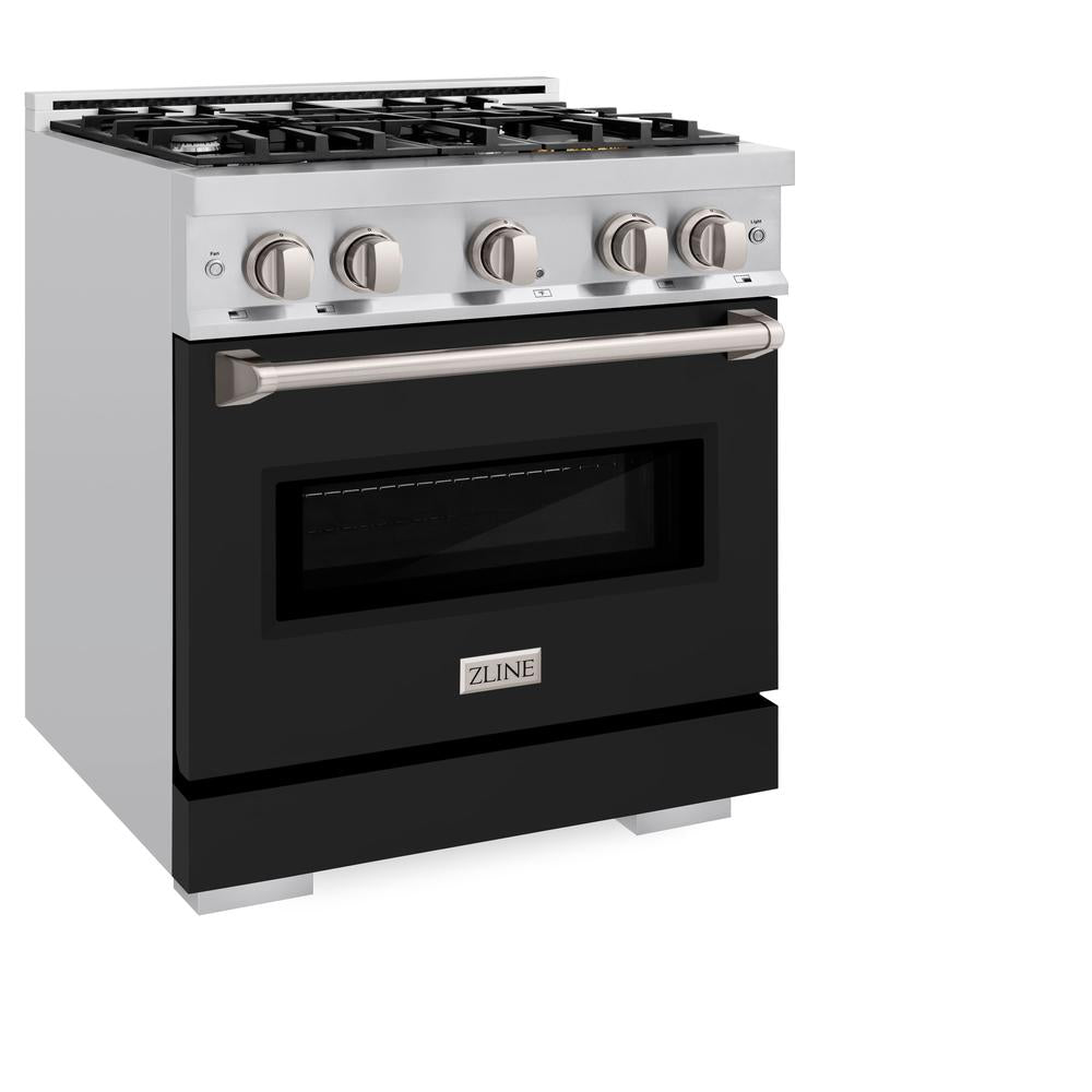 ZLINE 30 in. 4.2 cu. ft. Classic Dual Fuel Range with 4 Burner Gas Cooktop and Electric Convection Oven in Stainless Steel with Black Matte Door (CDR-BLM-30) - (CDRBLM30) -