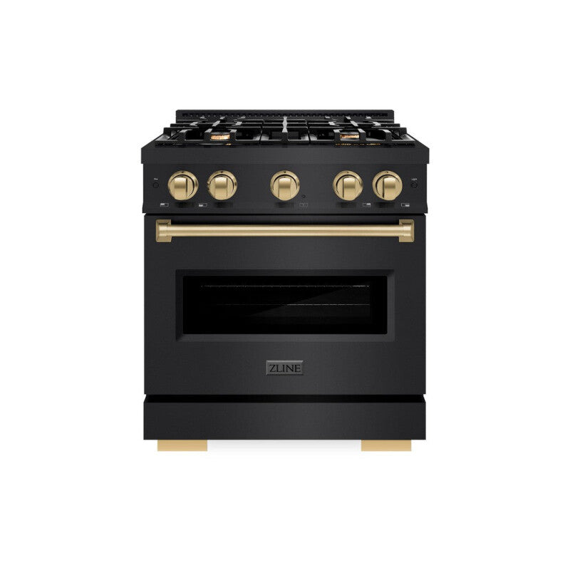 ZLINE Autograph Edition 30 in. 4.2 cu. ft. Classic Dual Fuel Range with 4 Burner Gas Cooktop and Electric Convection Oven in Black Stainless Steel with Champagne Bronze Accents (CDRBZ-30-CB) - (CDRBZ30CB) -