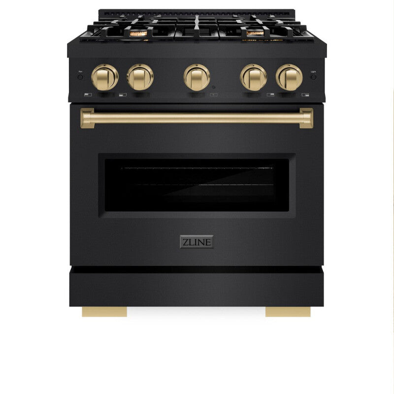 ZLINE Autograph Edition 30 in. 4.2 cu. ft. Classic Dual Fuel Range with 4 Burner Gas Cooktop and Electric Convection Oven in Black Stainless Steel with Champagne Bronze Accents (CDRBZ-30-CB) - (CDRBZ30CB) -