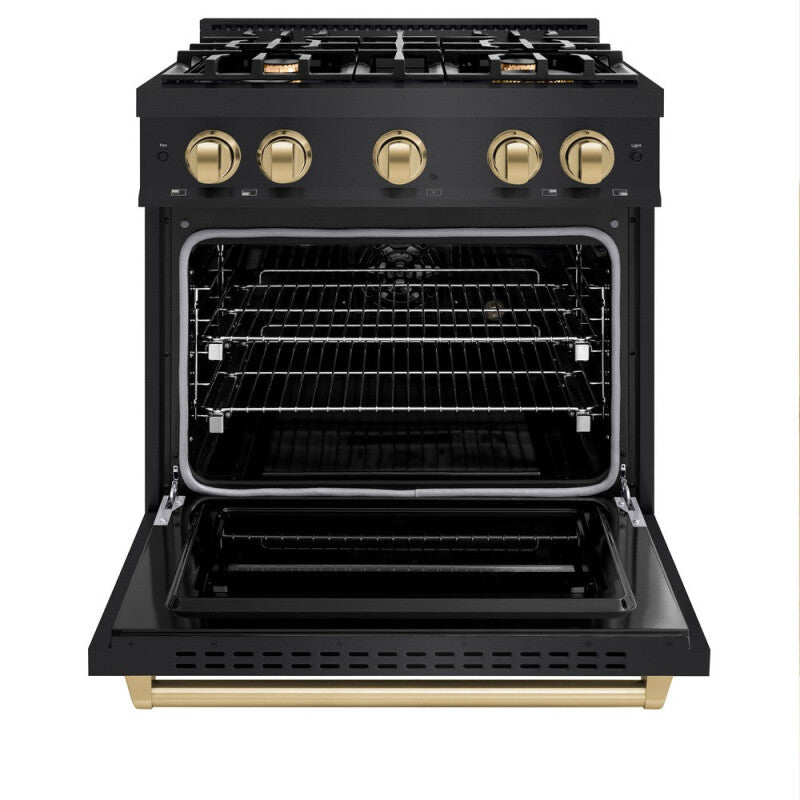 ZLINE Autograph Edition 30 in. 4.2 cu. ft. Classic Dual Fuel Range with 4 Burner Gas Cooktop and Electric Convection Oven in Black Stainless Steel with Champagne Bronze Accents (CDRBZ-30-CB) - (CDRBZ30CB) -