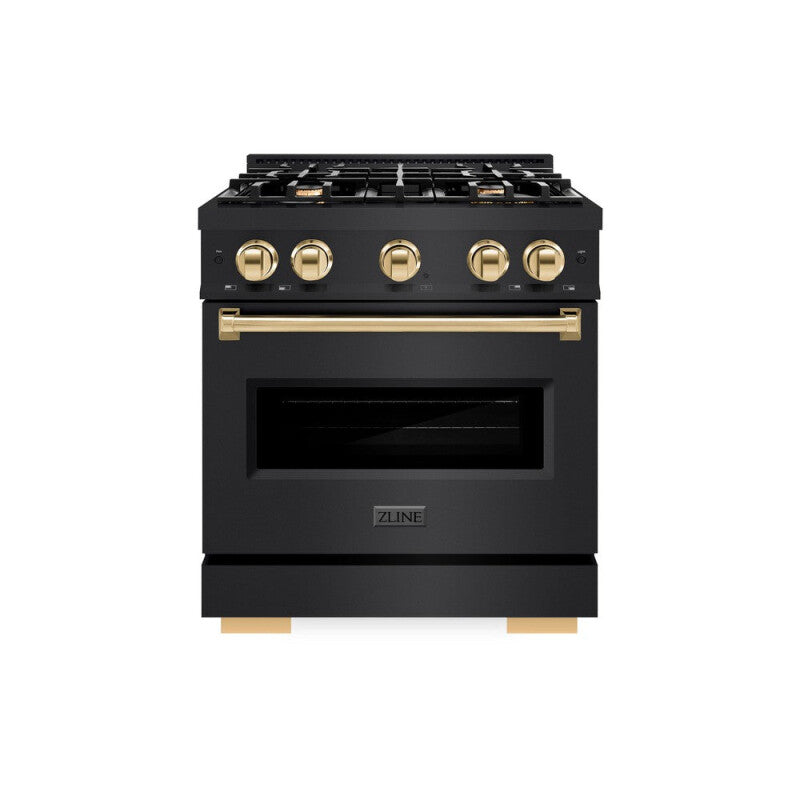 ZLINE Autograph Edition 30 in. 4.2 cu. ft. Classic Dual Fuel Range with 4 Burner Gas Cooktop and Electric Convection Oven in Black Stainless Steel with Polished Gold Accents (CDRBZ-30-G) - (CDRBZ30G) -