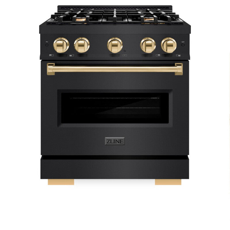 ZLINE Autograph Edition 30 in. 4.2 cu. ft. Classic Dual Fuel Range with 4 Burner Gas Cooktop and Electric Convection Oven in Black Stainless Steel with Polished Gold Accents (CDRBZ-30-G) - (CDRBZ30G) -