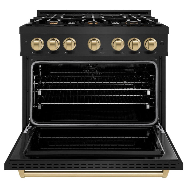 ZLINE Autograph Edition 36 in. 5.2 cu. ft. Classic Dual Fuel Range with 6 Burner Gas Cooktop and Electric Convection Oven in Black Stainless Steel with Champagne Bronze Accents (CDRBZ-36-CB) - (CDRBZ36CB) -