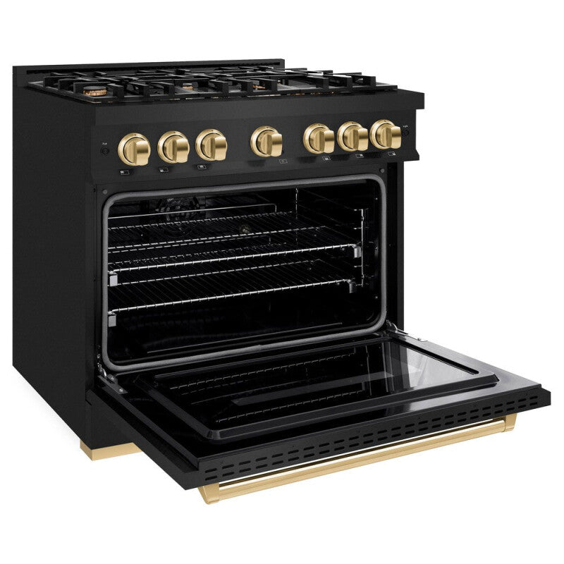 ZLINE Autograph Edition 36 in. 5.2 cu. ft. Classic Dual Fuel Range with 6 Burner Gas Cooktop and Electric Convection Oven in Black Stainless Steel with Polished Gold Accents (CDRBZ-36-G) - (CDRBZ36G) -
